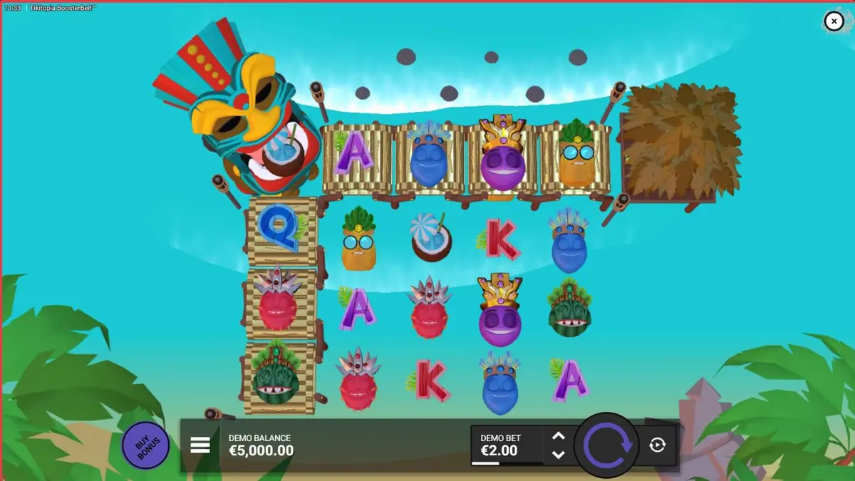 Tampilan visual slot Tikitopia BoosterBelt dengan totem Tiki dan simbol buah yang cerah