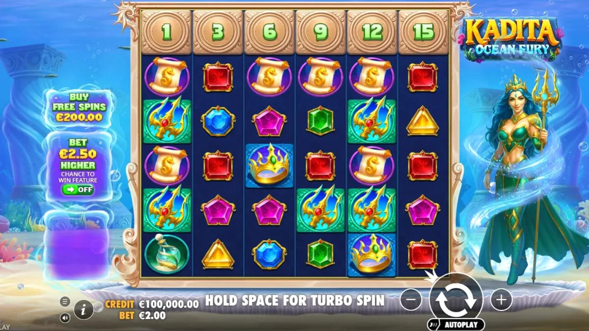 Pemandangan bawah laut yang memukau dalam slot Kadita Ocean Fury dengan simbol mitologi.