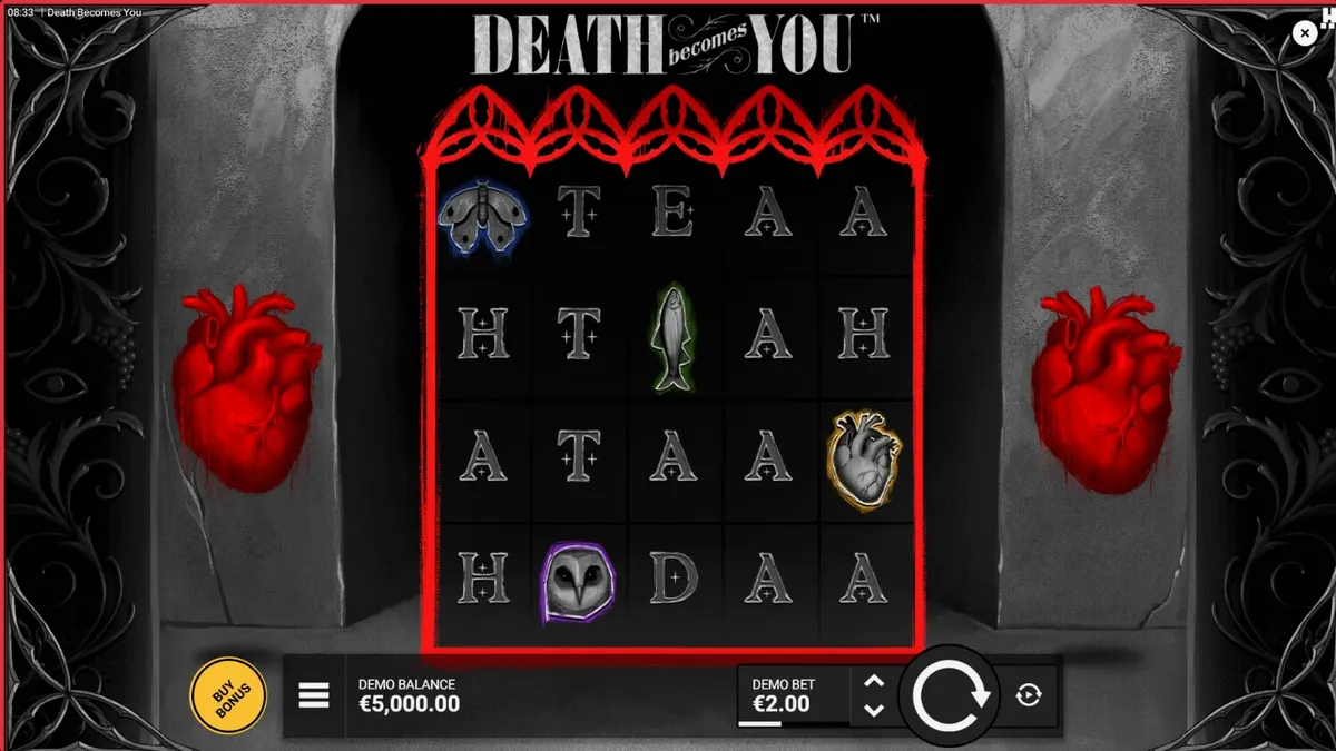 Tampilan antarmuka slot Death Becomes You di perangkat seluler dengan tema gotik